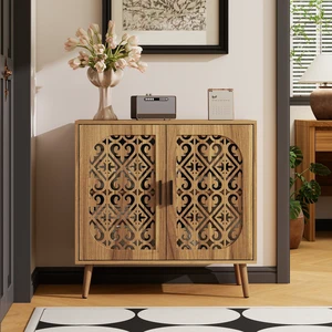 Wooden Storage Cabinet with HollowOut Carved Doors, MDF Melamine Cabinet with Adjustable Shelves, AntiTip Hardware, Pine Legs, Matte Black Handles, Freestanding Side Cabinet for Living Room Bedroom Wooden Storage Cabinet with HollowOut Carved Doors, MDF Melamine Cabinet with Adjustable Shelves, AntiTip Hardware, Pine Legs, Matte Black Handles, Freestanding Side Cabinet for Living Room Bedroom