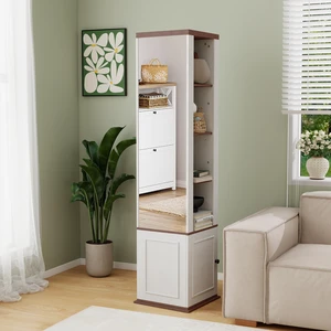 360° Rotating Storage Cabinet with Full-Length Mirror, total of 8 open shelves on both sides, One Side Hooks, 1 Door with a Shelve, for Living Room, Entryway, Bathroom-Antique White