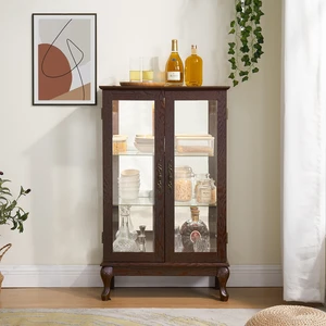 2 Doors Curio Cabinet with Tempered Glass Doors, Curio Cabinets with Mirrored Back Panel and Adjustable Shelves, Lighted Display Cabinet for Home, Office Light Bulb Included Cherry