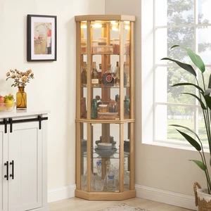 Corner Lighted Curio Cabinet Corner Glass Cabinet Lighted Curio Cabinet Corner Display Case for Living Room, Curio Cabinet, Antique collection, Wine,Bar Glass Storage Light Included,Light oak Corner Lighted Curio Cabinet Corner Glass Cabinet Lighted Curio Cabinet Corner Display Case for Living Room, Curio Cabinet, Antique collection, Wine,Bar Glass Storage Light Included,Light oak