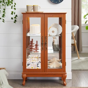2 Doors Curio Cabinet with Tempered Glass Doors, Curio Cabinets with Mirrored Back Panel and Adjustable Shelves, Lighted Display Cabinet for Home, Office Light Bulb Included DARK OAK