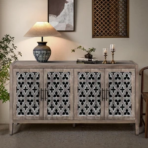 Hollow Four Door Antique Cabinet, American Country Style, Suitable for Living Room, TV Cabinet, Kitchen (Brown) Hollow Four Door Antique Cabinet, American Country Style, Suitable for Living Room, TV Cabinet, Kitchen (Brown)