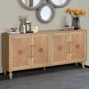 Carved Flower Door Large Storage Cabinet With Metal Handle Suitable For Living Room, Kitchen, Entryway(NATURAL WOOD) Carved Flower Door Large Storage Cabinet With Metal Handle Suitable For Living Room, Kitchen, Entryway(NATURAL WOOD)