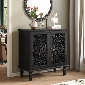 Vintage Hollow-Carved Accent Cabinet, 2-Door Display Storage Sideboard with Symmetrical Floral Design, Adjustable Shelf and Solid Wood Legs for Living Room Entryway (Black) Vintage Hollow-Carved Accent Cabinet, 2-Door Display Storage Sideboard with Symmetrical Floral Design, Adjustable Shelf and Solid Wood Legs for Living Room Entryway (Black)