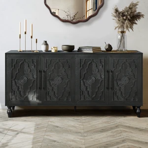 Carved Flower Door Large Storage Cabinet With Metal Handle Suitable For Living Room, Kitchen, Entryway(BLACK) Carved Flower Door Large Storage Cabinet With Metal Handle Suitable For Living Room, Kitchen, Entryway(BLACK)