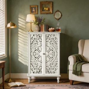 47" Tall Accent Cabinet with Doors & Storage, Farmhouse Hollow Carved Double Door Display Cabinet with Adjustable Shelf & Turned Legs, Freestanding Decorative Cabinet for Entryway Dining Room, White