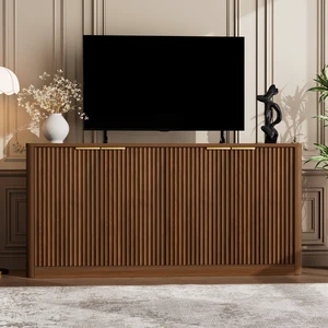 59-inch modern wavy sideboard, curved contour design storage cabinet, 4-door cabinet with storage function, suitable for kitchen/bedroom/living room, Walnut, 59.0"L x 15.7"W x 27.7"H 59-inch modern wavy sideboard, curved contour design storage cabinet, 4-door cabinet with storage function, suitable for kitchen/bedroom/living room, Walnut, 59.0"L x 15.7"W x 27.7"H