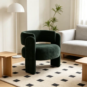 Modern Hollow Back Accent Chair, Green Textured Fabric Curved Barrel Armchair, Block Leg Upholstered Single Lounge Chair, Unique Sculptural Side Chair for Living Room Bedroom Office