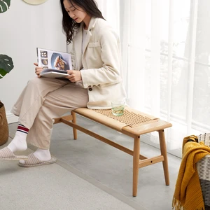 Woven Design Natural Oak Wood Dining Bench Bed Bench for Dining Room, Bedroom, Bathroom Woven Design Natural Oak Wood Dining Bench Bed Bench for Dining Room, Bedroom, Bathroom