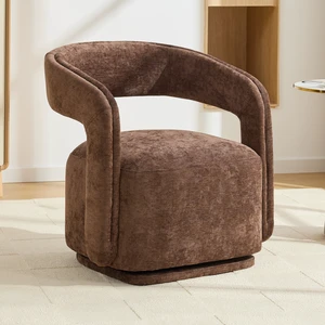 065-Chenille Fabric Swivel Accent Armchair, Comfy Barrel Leisure Chair With Curved Backrest, Upholstered Reading Chair With Black Swivel Base, 22-inch large seat depth and width, Brown 065-Chenille Fabric Swivel Accent Armchair, Comfy Barrel Leisure Chair With Curved Backrest, Upholstered Reading Chair With Black Swivel Base, 22-inch large seat depth and width, Brown