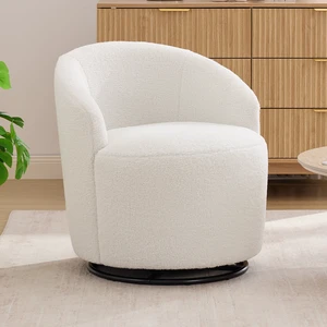 012C-Teddy Fabric Small Swivel Accent Chair, Comfy Barrel Leisure Armchair with Curved Backrest, Upholstered Reading Chair with Black Round Base, Ivory 012C-Teddy Fabric Small Swivel Accent Chair, Comfy Barrel Leisure Armchair with Curved Backrest, Upholstered Reading Chair with Black Round Base, Ivory