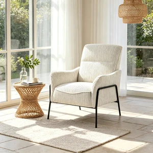 Modern Striped Fabric Accent Chair, Upholstered Single Armchair with Black Metal Frame, Comfy Padded Lounge Chair, Reading Side Chair for Living Room Bedroom Office, Grey Cream Textured Leisure Chair Modern Striped Fabric Accent Chair, Upholstered Single Armchair with Black Metal Frame, Comfy Padded Lounge Chair, Reading Side Chair for Living Room Bedroom Office, Grey Cream Textured Leisure Chair