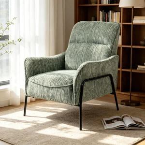 Modern Striped Fabric Accent Chair, Upholstered Single Armchair with Black Metal Frame, Comfy Padded Lounge Chair, Reading Side Chair for Living Room Bedroom Office, Green Textured Leisure Chair Modern Striped Fabric Accent Chair, Upholstered Single Armchair with Black Metal Frame, Comfy Padded Lounge Chair, Reading Side Chair for Living Room Bedroom Office, Green Textured Leisure Chair