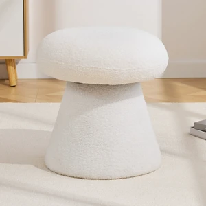 066-Teddy Fabric Soft-padded Footstool, Mushroom shaped Ottoman, Shoe-changing Stool, Makeup Stool,No Installation Required, Suitable For Bedrooms, Living Rooms, Powder Rooms Or Entrances, White
