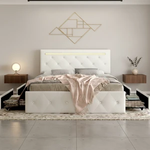 Full Size Bed Frame with LED Light and 4 Storage Drawers, PU Upholstered Bed Frame with Adjustable Headboard, Diamond Crystal Button, Charging Station, Metal Frame, No Box Spring Needed, White Full Size Bed Frame with LED Light and 4 Storage Drawers, PU Upholstered Bed Frame with Adjustable Headboard, Diamond Crystal Button, Charging Station, Metal Frame, No Box Spring Needed, White