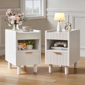 White Fluted Wood Nightstands with Drawer and Open Storage, 2 Pack Modern Bedroom Bedside Side End Tables for Living Room Home Decor White Fluted Wood Nightstands with Drawer and Open Storage, 2 Pack Modern Bedroom Bedside Side End Tables for Living Room Home Decor