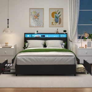 Full Size Bed Frame with Ergonomic Headboard, Full Platform Bed Frame with Outlets & Charger & LED Light, Full Bed Frame with Storage Shelf, Bed Frame Full Size, Noise-Free, No Box Spring Needed Full Size Bed Frame with Ergonomic Headboard, Full Platform Bed Frame with Outlets & Charger & LED Light, Full Bed Frame with Storage Shelf, Bed Frame Full Size, Noise-Free, No Box Spring Needed