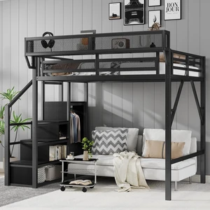 Full Size Loft Bed with Stairs, Metal Full Loft Bed with Storage Shelves, High Loft Bed with Wardrobe for Kids Teens, Black