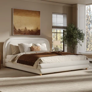 King Size Bed Frame With Boucle Upholstered Thick Curved Headboard, Solid Wood Legs, White King Size Bed Frame With Boucle Upholstered Thick Curved Headboard, Solid Wood Legs, White
