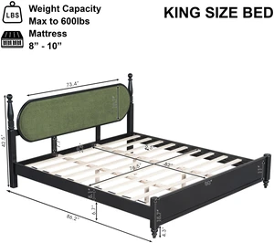King Bed Frame, Solid Wood Platform with Slats, Modern Green & Black Bedroom Furniture, No Box Spring Needed King Bed Frame, Solid Wood Platform with Slats, Modern Green & Black Bedroom Furniture, No Box Spring Needed