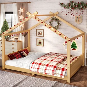 Full House Floor Bed with Support Slats, Solid Wood House Bed Frame for Kids, No Box Spring Needed and Opening Constructure, Natural Full House Floor Bed with Support Slats, Solid Wood House Bed Frame for Kids, No Box Spring Needed and Opening Constructure, Natural