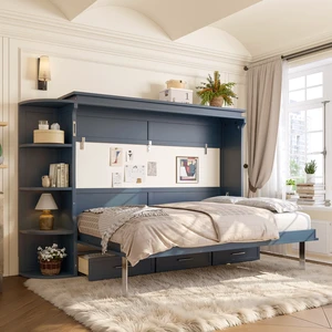 Full Size Murphy Platform Bed with Shelf, Side Cabinets, and Drawers , Home Office Space Saver,Blue Full Size Murphy Platform Bed with Shelf, Side Cabinets, and Drawers , Home Office Space Saver,Blue