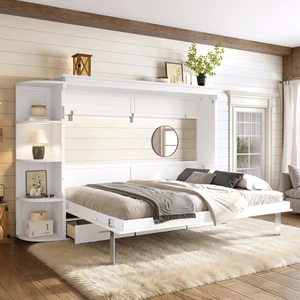 Queen Size Murphy Platform Bed with Shelf, Side Cabinets, and Drawers , Home Office Space Saver,White Queen Size Murphy Platform Bed with Shelf, Side Cabinets, and Drawers , Home Office Space Saver,White