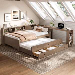 Twin Size Daybed With Trundle,Wood Daybed Frame with Storage Drawers,Side Shelves and Desk,Vintage Brown Twin Size Daybed With Trundle,Wood Daybed Frame with Storage Drawers,Side Shelves and Desk,Vintage Brown