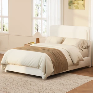 Boucle Queen Bed Frame with Adjustable Height Headboard, Modern Platform Bed with Curved Cloud Headboard, Elegant Boucle Fabric Low Profile Platform Bed, No Box Spring Needed, Easy Assembly, White Boucle Queen Bed Frame with Adjustable Height Headboard, Modern Platform Bed with Curved Cloud Headboard, Elegant Boucle Fabric Low Profile Platform Bed, No Box Spring Needed, Easy Assembly, White