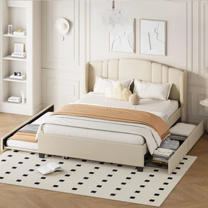 Upholstered Platform Bed with Wingback Headboard, One Twin Trundle and 2 Drawers, No Box Spring Needed, Linen Fabric, Queen Size, Beige Upholstered Platform Bed with Wingback Headboard, One Twin Trundle and 2 Drawers, No Box Spring Needed, Linen Fabric, Queen Size, Beige