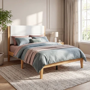 Mid-Century Modern Platform Bed Frame with Upholstered Headboard, Solid Wood Slat Support, No Box Spring Needed, Easy Assembly, Queen Size, Natural Mid-Century Modern Platform Bed Frame with Upholstered Headboard, Solid Wood Slat Support, No Box Spring Needed, Easy Assembly, Queen Size, Natural