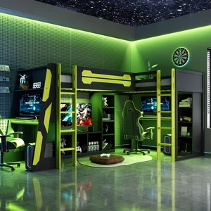 L-Shaped Wooden twin Size Gaming Bed Frame with RGB LED Lights, Dual twin Beds, USB Ports, TV Stand & Storage Shelves, Reversible Layout, Space-Saving Wood Loft Bed for Teens & Adults-Green L-Shaped Wooden twin Size Gaming Bed Frame with RGB LED Lights, Dual twin Beds, USB Ports, TV Stand & Storage Shelves, Reversible Layout, Space-Saving Wood Loft Bed for Teens & Adults-Green