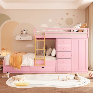 Full Size Bunk Bed with 2 Large Drawers & 5 Small Drawers, MDF & Solid Wood Construction, Modern Storage Design with Small Wardrobe Sakura Pink Full Size Bunk Bed with 2 Large Drawers & 5 Small Drawers, MDF & Solid Wood Construction, Modern Storage Design with Small Wardrobe Sakura Pink