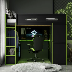 Full Size Wood Loft Bed with Desk,Wardrobe,Ample Storage Space,and RGB Light, Green Full Size Wood Loft Bed with Desk,Wardrobe,Ample Storage Space,and RGB Light, Green