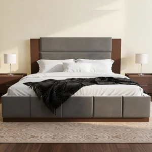 Upholstered Platform Bed Frame with Extended Wood Headboard, Modern Bed with Wood Base, No Box Spring Needed, King Size, Grey Velet Upholstered Platform Bed Frame with Extended Wood Headboard, Modern Bed with Wood Base, No Box Spring Needed, King Size, Grey Velet