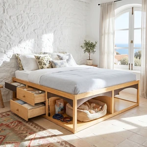 King Bed Frame with Storage Drawers, No Headboard Platform Bed with Light, Pet-Friendly Design, No Box Spring Needed, Modern Minimalist Style-Natural King Bed Frame with Storage Drawers, No Headboard Platform Bed with Light, Pet-Friendly Design, No Box Spring Needed, Modern Minimalist Style-Natural