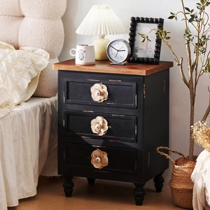 Vintage Farmhouse End Table with Floral Knobs 19" Rustic Nightstand with 3 Drawers Gourd Legs,Bedside or Sofa Accent Table, Almost Fully Assembled, Black Vintage Farmhouse End Table with Floral Knobs 19" Rustic Nightstand with 3 Drawers Gourd Legs,Bedside or Sofa Accent Table, Almost Fully Assembled, Black