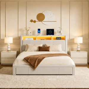 Full-size upholstered bed with drawers, featuring an upholstered storage headboard, heavy metal crossbar support, LED and USB charging, silent design, beige (mattress not included) Full-size upholstered bed with drawers, featuring an upholstered storage headboard, heavy metal crossbar support, LED and USB charging, silent design, beige (mattress not included)
