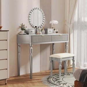 Luxury Vanity Desk with Round Mirror,Height-Adjustable, Stylish Dressing Table Set, 4 Drawers & Stool, Silver Luxury Vanity Desk with Round Mirror,Height-Adjustable, Stylish Dressing Table Set, 4 Drawers & Stool, Silver