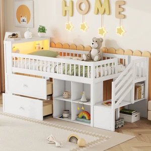 Twin Size Loft Bed with LED and Bookshelf, Wood Low Loft Bed with Stairs, Kids Twin Loft Bed with Storage Drawers and Shelves,White Twin Size Loft Bed with LED and Bookshelf, Wood Low Loft Bed with Stairs, Kids Twin Loft Bed with Storage Drawers and Shelves,White