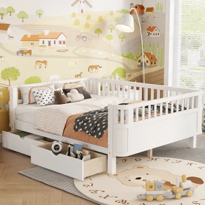 Full Size Wood Platform Bed for Kids, Wood Low Profile Full Bed with Rails for Girls and Boys, White Full Size Wood Platform Bed for Kids, Wood Low Profile Full Bed with Rails for Girls and Boys, White