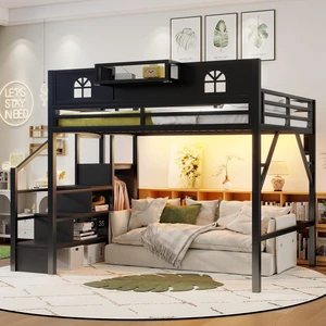 Queen Size Loft Bed with Stairs, Metal Queen Loft Bed with High and House Shaped Guardrails, High Loft Bed with Wardrobe for Kids Teens, black