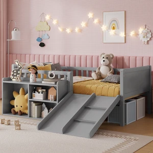 Twin Size Low Loft Bed for Kids with Slide, Movable Bookshelf Storage, Guardrails, Low Loft Bed Frame for Kids,Gray Twin Size Low Loft Bed for Kids with Slide, Movable Bookshelf Storage, Guardrails, Low Loft Bed Frame for Kids,Gray