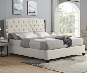 Nantarre Fabric Button Tufted Wingback Upholstered Bed with Nail Head Trim, Beige Nantarre Fabric Button Tufted Wingback Upholstered Bed with Nail Head Trim, Beige