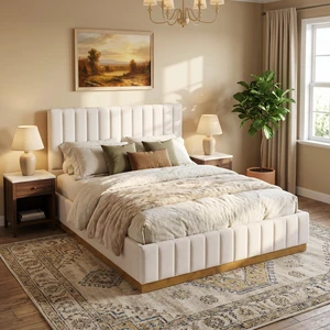 Queen Size Bed Frame With Linen Upholstered Thick Headboard, Solid Wooden Base, Beige Queen Size Bed Frame With Linen Upholstered Thick Headboard, Solid Wooden Base, Beige