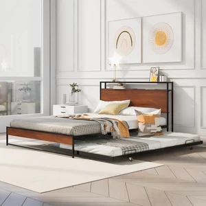 Queen Size Metal Platform Bed Frame with Trundle, USB Ports and Slat Support ,No Box Spring Needed Black Queen Size Metal Platform Bed Frame with Trundle, USB Ports and Slat Support ,No Box Spring Needed Black