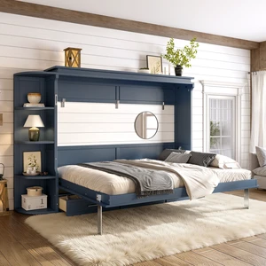 Queen Size Murphy Platform Bed with Shelf, Side Cabinets, and Drawers , Home Office Space Saver,Blue Queen Size Murphy Platform Bed with Shelf, Side Cabinets, and Drawers , Home Office Space Saver,Blue