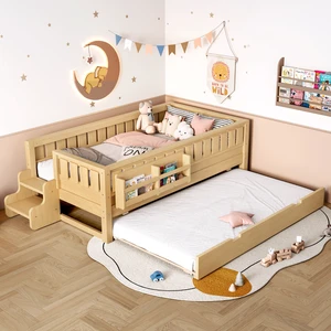 Twin with built-in bookshelves and small staircase, high-quality safety rails, and Trundle,Light Natural Twin with built-in bookshelves and small staircase, high-quality safety rails, and Trundle,Light Natural