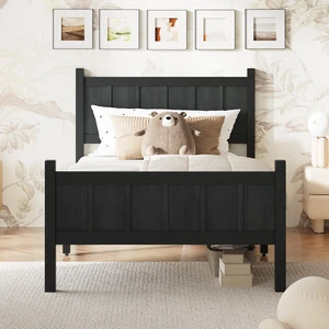 Twin Size Flat Panel Bed with Headboard & Footboard, Minimalist Modern Platform Bed with Wood Grain Finish, Shaker and Farmhouse Style Design, Sleek and Functional Bedroom Furniture,Black