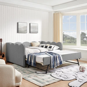 Full Size Cozy Gingham Daybed with Twin Size Trundle No Box Spring Needed, with USB Port and Adorable Wave Shaped, Linen Fabric Full Size Cozy Gingham Daybed with Twin Size Trundle No Box Spring Needed, with USB Port and Adorable Wave Shaped, Linen Fabric